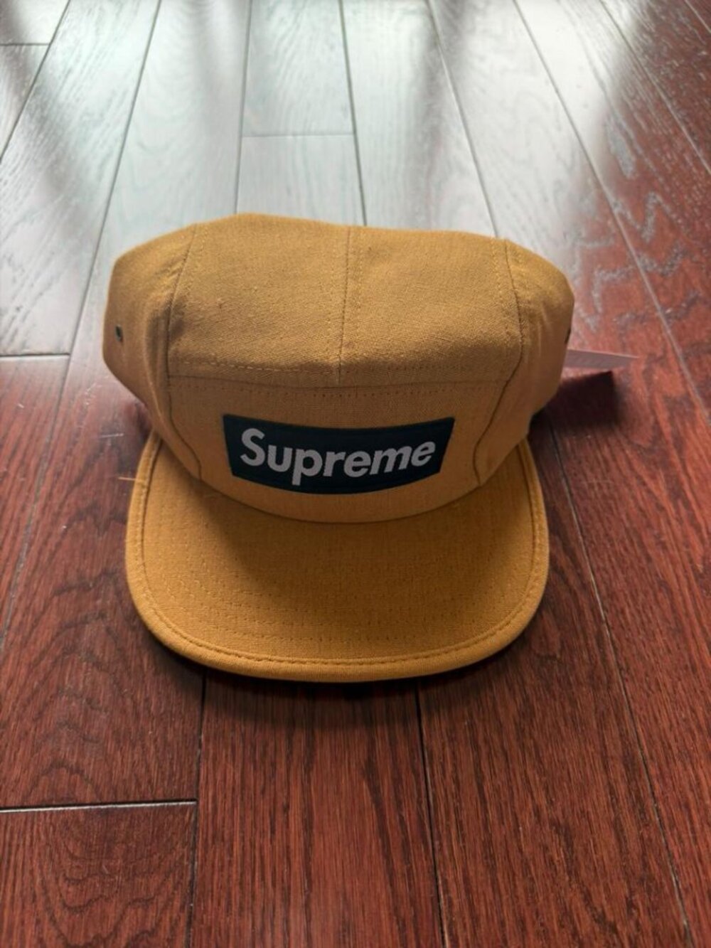Supreme Box Logo Camp Cap 5 Panel Wheat Yellow Black Logo  Adjustable
